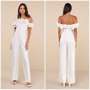 Lulus XL Immense Glamour White Satin Ruffled Off-The-Shoulder Jumpsuit NWT